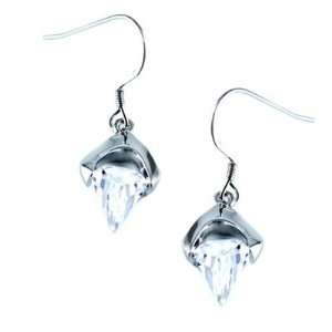 Suspended 3D clear cubic zirconia triangle drop earrings in stirling 