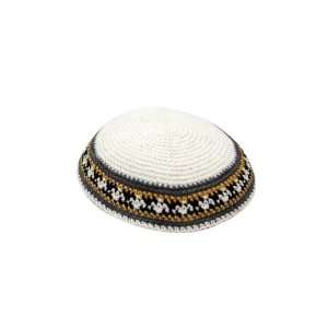    White Knitted Kippah with Grey and Yellow Stripes 