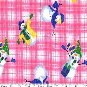  45 Wide Flannel Snowmen Plaid Pink Fabric By The Yard 