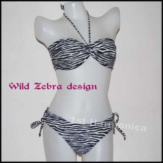 New Womens Zebra Black White Striped Bikini Bandeau Swimsuits S M L XL 