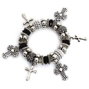 Fashion stretch Bracelet; Burnished Silver Metal with Black Beads 