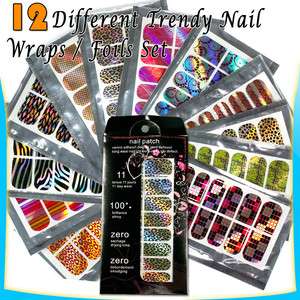 12pcs Diff Colors Trendy Style Acrylic Nail Art Tips Wraps / Foils Set 