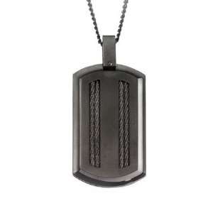 STEL Black Ion Stainless Steel with Black Cable Inlay Accent Dog Tag 