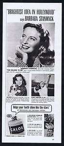 1941 Calox Tooth Powder Pretty Barbara Stanwyck Print Ad  