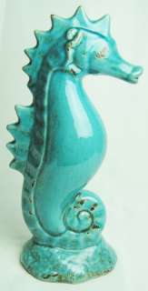 Aqua Blue Majolica Style Sea Horse Figurine Display Decor 14 1/2 