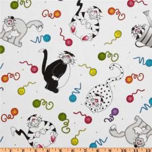  44 Wide Caterwauling Tales Cats & Yarn White Fabric By 