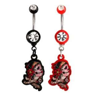 Clear Jeweled Black Day of the Dead Woman Face Belly Ring   14g (1.6mm 