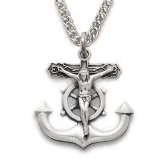 Silver Anchor Sailor Crucifix Catholic Necklace Navy  