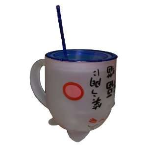    Cute Cat Mug with Chinese Writing Blue Lid 