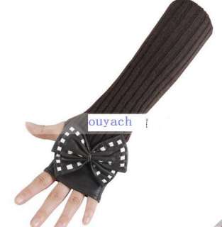 Cute big bow style woolen&leather fingerless gloves  