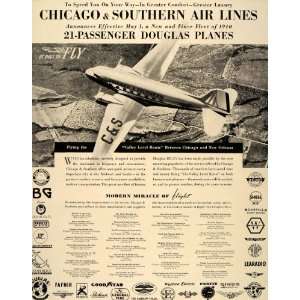   Ad Chicago & Southern Air Lines Douglas DC 3 Plane   Original Print Ad