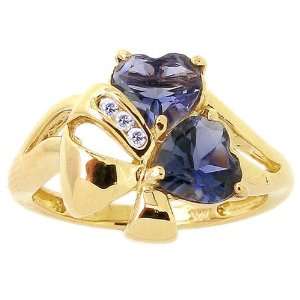  14K Yellow Gold Loving Hearts Gemstone and Diamond Ring 