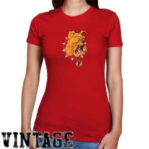  Ferris State Bulldogs Ladies Red Distressed Logo Vintage Slim Fit T 