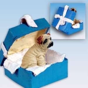  Shar Pei Blue Gift Box Dog Ornament   Cream