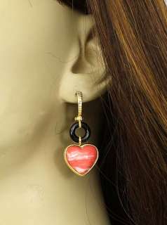 BEAUTIFUL 14K, ONYX & HAND CARVED CORAL HEART EARRINGS  