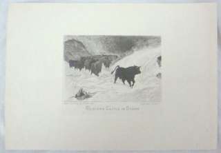 Western Cattle in the Storm Die Engraving, E. Dillon  