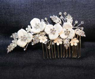 Bridal Headpiece in white with Rhinestones and Satin Flowers