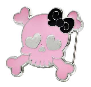 PINK Girly Skull and Crossbones with Bow Belt Buckle Painted Metal 