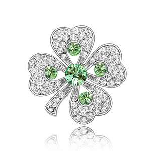  Genuine Crystal Green Four Leaves Clover Platinum Plated Brooch  