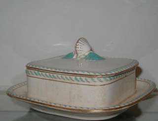   Antique Ironstone Pottery Covered Sardine Box w Shell Finial  