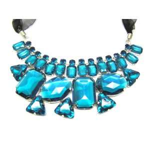  Crystal Bib Necklace Teal Aqua Blue Jewel Gem Statement Jewelry