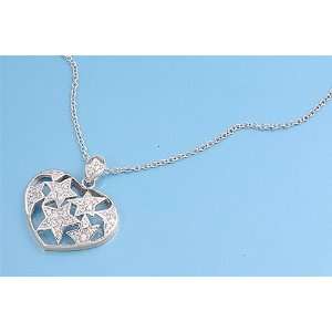  Sterling Silver Stars Filled Heart Clear CZ Necklace 