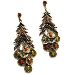    Gold Finish Long Christmas Pine Tree Crystal Earrings Jewelry