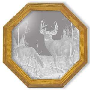  Etched Mirror Two Deers Decor in Solid Oak Frame