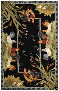 Hand hooked Roosters Black Wool Area Rug 4 x 6  