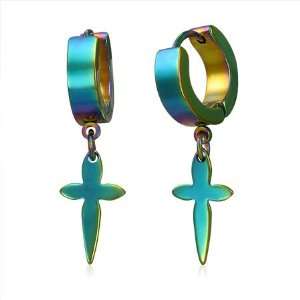   Stainless Steel Anodized Rainbow Cross Drop Huggie Earrings Jewelry