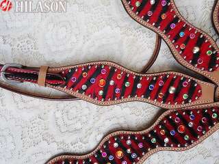 264 WESTERN RED ZEBRA HAIR ON LEATHER BRIDLE HEADSTALL BREAST COLLAR 