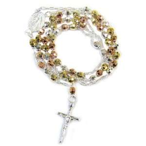   Silver Tri Color Silver Rosary Beaded Necklace 20 Inch Jewelry
