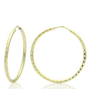 14K Gold Hoop Earrings 1.7mm X 0.5 Rond Diamond Cut Yellow Gold Hoop 