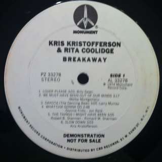 KRIS KRISTOFFERSON & RITA COOLIDGE breakaway VG LP WLP 1974 PZ 33278 