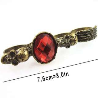 Punk Bronze Two Skull Stone Four Finger Connector Ring  