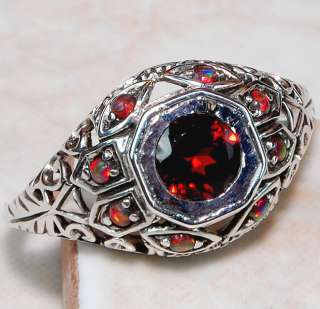 Natural Garnet,Red Fire Opal & 925 SOLID STERLING SILVER filigree ring 
