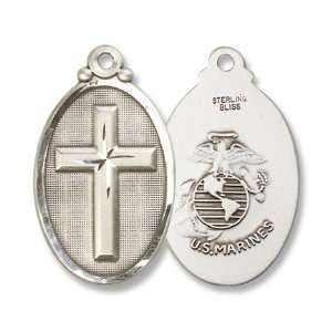 Sterling Silver Cross Marines Medal Pendant Military Armed Forces with 