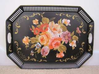   White Hand Painted Pastel Roses Large Vintage Black Tole Tray  