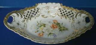 DRESDEN RETICULATED OVAL BOWL HP WHITE & CORAL LILLIES  