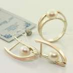 Elegant Russian Collection Pearl Silver 14K Rose Gold CZ Earring Ring 