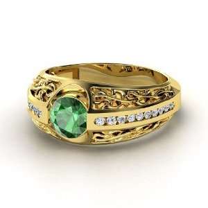  Vintage Romance Ring, Round Emerald 14K Yellow Gold Ring 