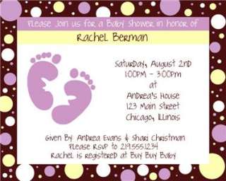 Baby Shower Invitations for girl, polka dots and feet, Set of 10 