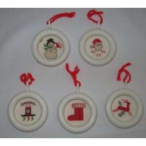    Set of 5 Handmade Cross Stitch Christmas Ornaments 