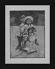 children riding hobby horse antique engraving 1890 expedited shipping 