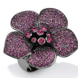 Pave Of Purple Round Crystals On Black Ruthenium Flower Ring  