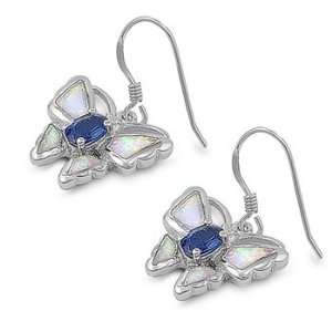   Silver Earrings white Opal, Blue Sapphire Butterfly Fish Wire Earring