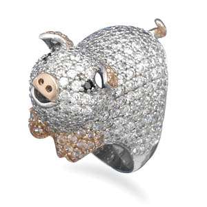 Rhodium Plated Black and Pink CZ Pig Silver Ring size available 6,7,8 