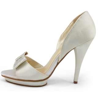   wedding ivory satin rhinestones bow high heels platform shoes  