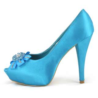   wedding dress blue satin flower peep toe platform heels shoes sz