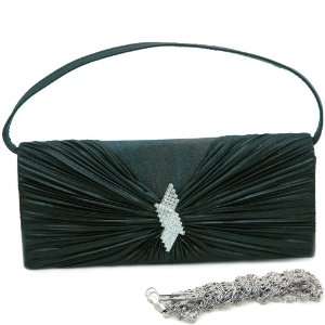  Black Pleated flap evening bag clutch w/ rhinestone brooch 